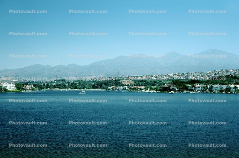 Homes, Lakeshore, Lake, water, mountains, buildings, Mission Viejo