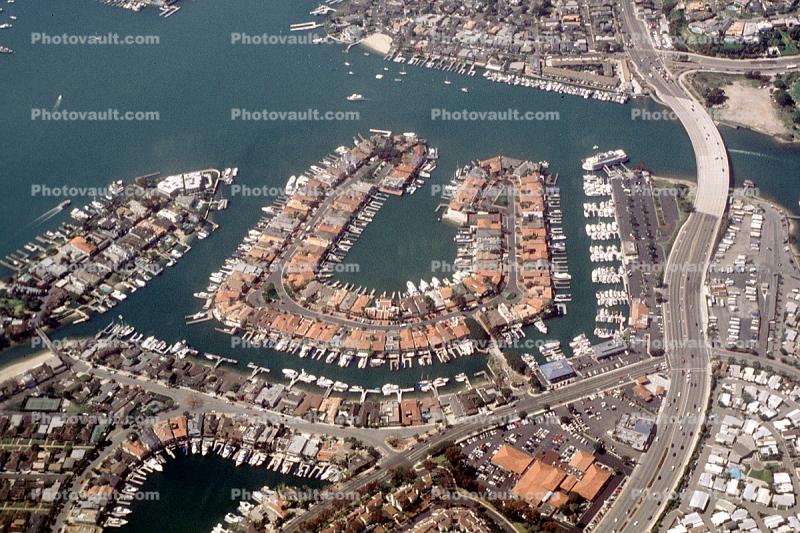 Docks, Boats, Island, rooftops, PCH, Pacific Coast Highway