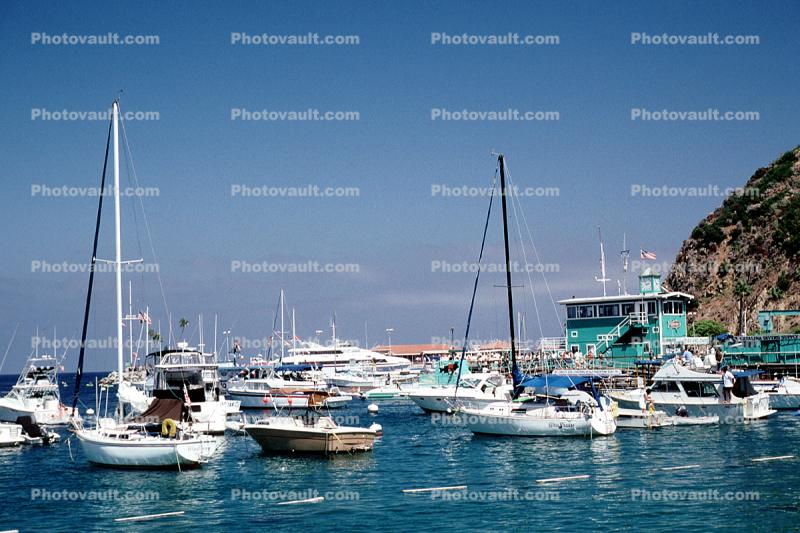 Harbor, moored boats, pier, Avalon, landmark