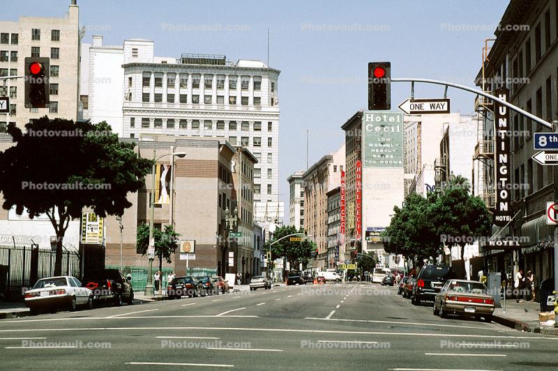 Downtwon Streets, stop lights, 8th street, cars, buildings, 1980s