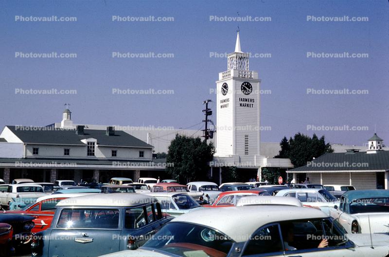 Farmers Market, Cars, automobile, vehicles, 3rd and Fairfax, buildings, Clock Tower, Fairfax District, August 1963, 1960s