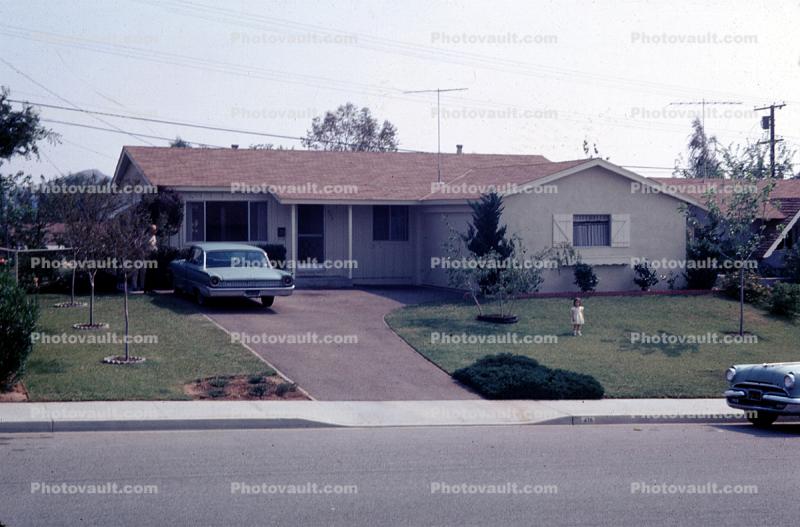 Driveway, car, front yard, house, home, building, street, sidewalk, suburbian, 470 Highlander Drive, Riverside, May 1967, 1960s