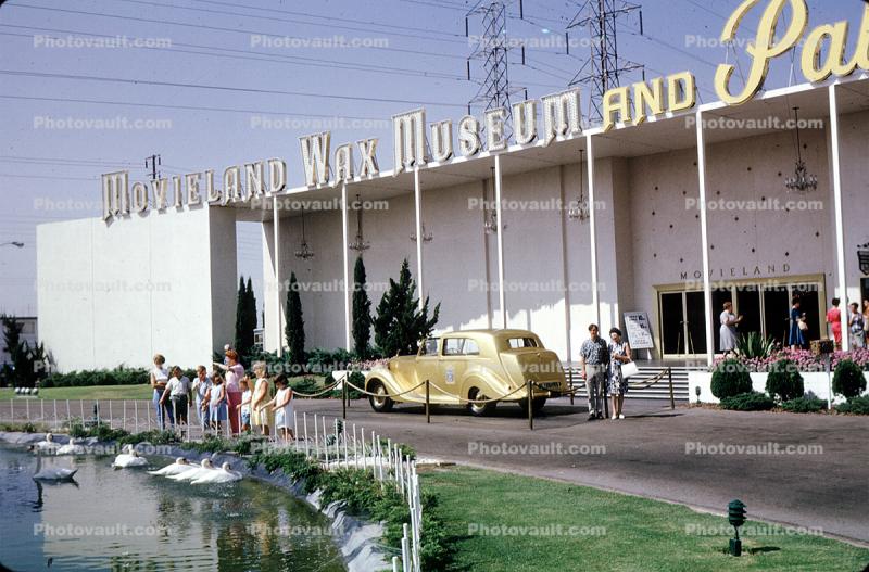 Movieland Wax Museum, landmark building, Golden Rolls Royce, Palace of Living Art, Swans, pond, Buena Vista, California