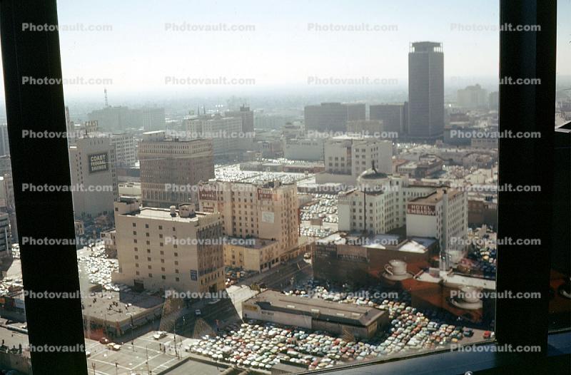 Downtown LA buildings, cars, parking, exterior, landmark, 1970s