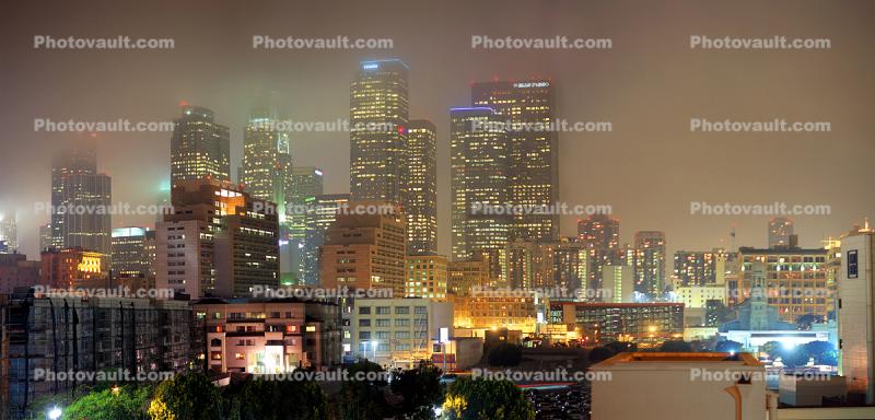 Panorama of Downtown Los Angeles, Buildings, Skyscrapers, Cityscape, Night, Exterior, Outdoors, Outside, Nighttime