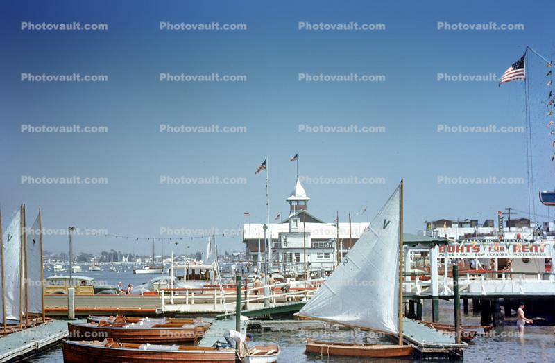 Sailboats, Docks, Boats, Balboa Pavillion, landmark building, Newport Beach, 1949, 1940s