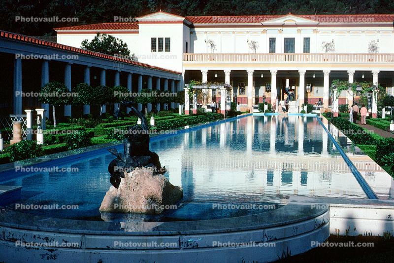 pool, sculpture, building, reflection, pond, Paul Getty Villa, December 1977, 1970s