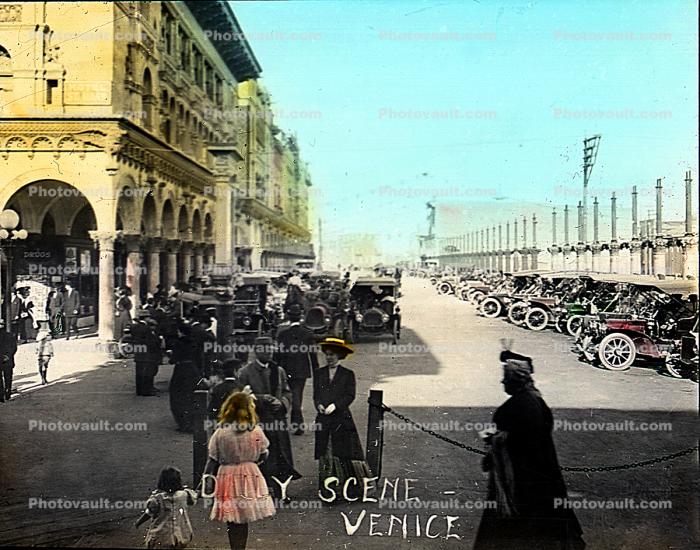 Venice, cars, people, buildings, Ocean Avenue, 1920's
