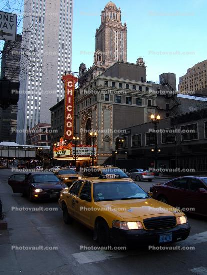 Chicago Theatre, Taxi Cab, Building, Street, Exterior, Outdoors, Outside, car, vehicle, Chicago-Theatre