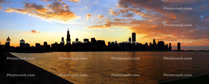 Wide Panorama of the Chicago Skyline at Sunset, Willis Tower, cityscape, buildings, skyscrapers