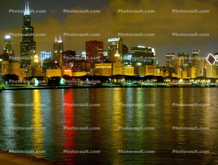 Chicago Skyline at Night, buildings, skyscrapers, Lake Michigan