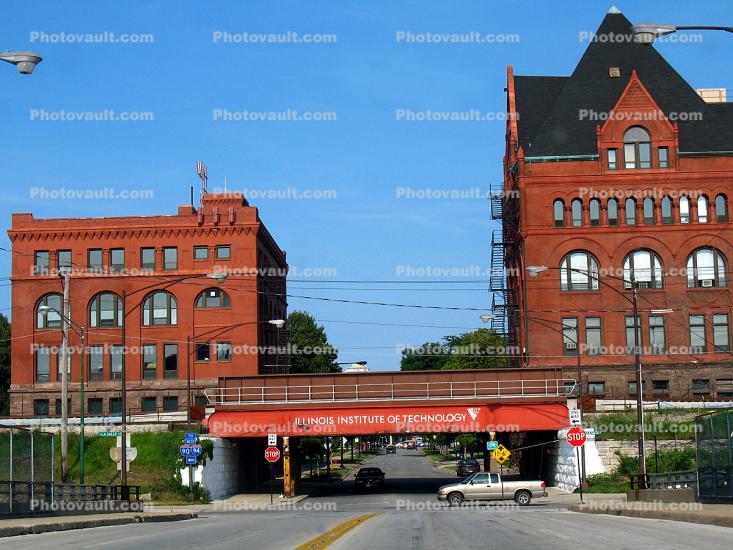 Illinois Institute of Technology, train bridge, red buildings, campus