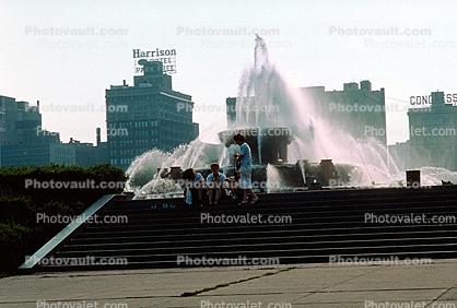 Water Fountain, aquatics, skyline, buildings, steps