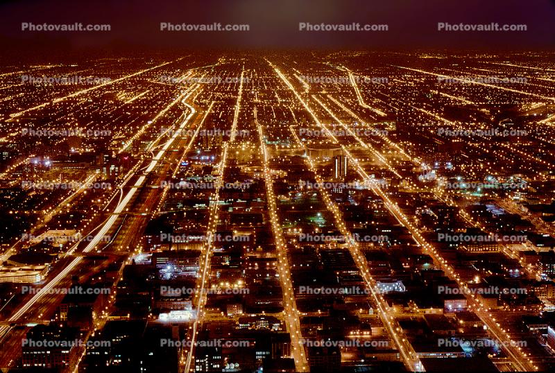 Interstate Highway II-290, Vanishing Point Nighttime Road Grid, Night lights