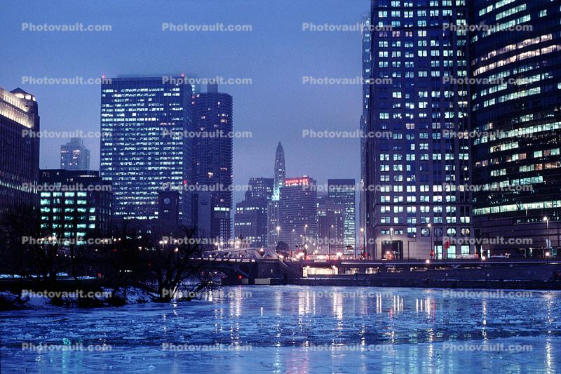 Chicago River, Frozen Over, Twilight, Dusk, Dawn