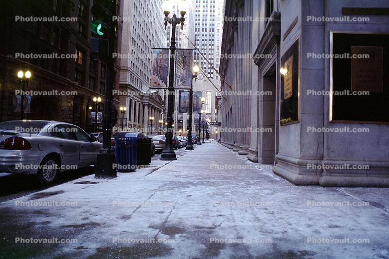 Ice cold sidewalk, buildings, downtown Chicago