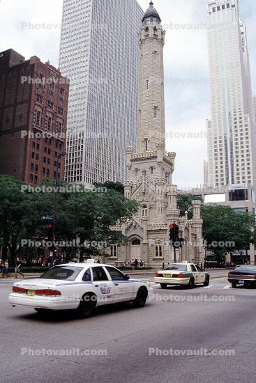 Taxi Cab, Car, Vehicle, Buildings, Water Tower, 900 North Michigan