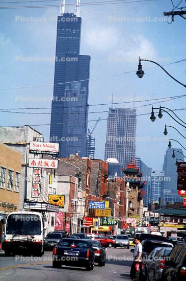 Chinatown, Willis Tower, cars, automobiles, vehicles