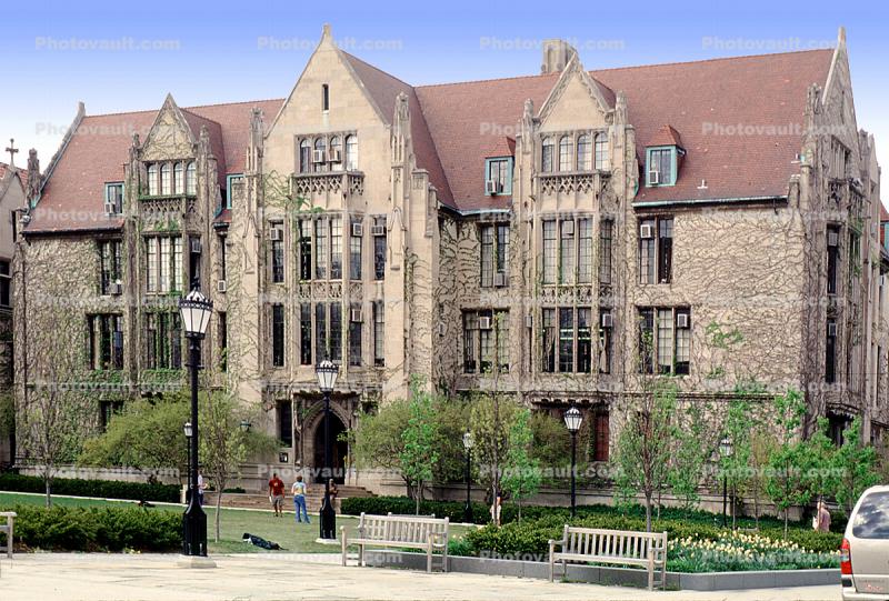 building, bench, lamp, University of Chicago
