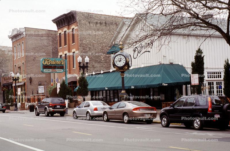 O'Briens, Parked Cars, buildings, shops, awning, Old Town, automobiles, vehicles, roman numerals