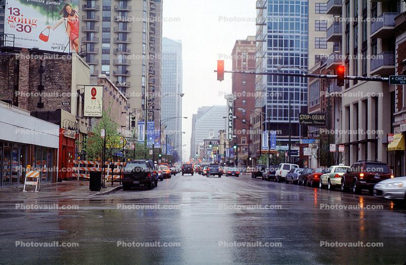 signal lights, street, rain, inclement weather, slick, downpour, cars, automobiles, vehicles