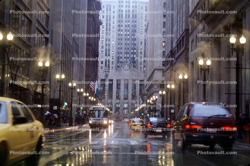 Chicago Board of Trade Building, Rain, Rainy, Taxi Cab, Cars, automobile, vehicles