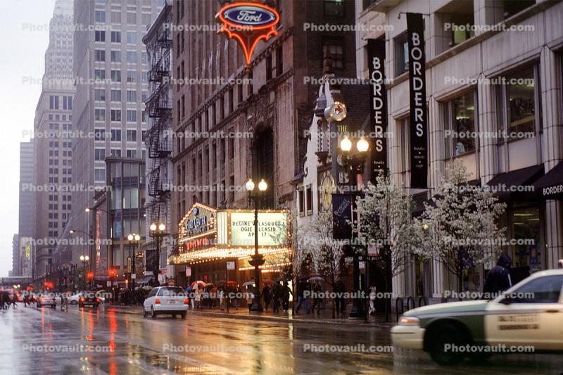 Chicago Theatre District, rain, inclement weather, slick, taxi, buildings, marquee, Cars, automobile, vehicles