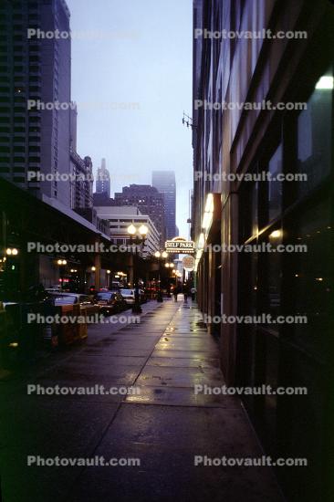 Chicago Theatre District, rain, inclement weather, slick, buildings, sidewalk