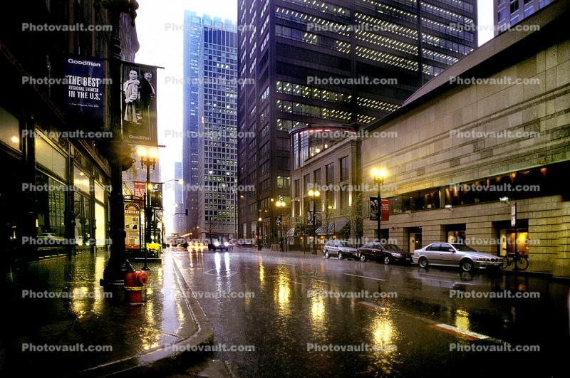Chicago Theatre District, Buildings, Downtown, rain, inclement weather, Taxi Cab, theater, Cars, automobile, vehicles