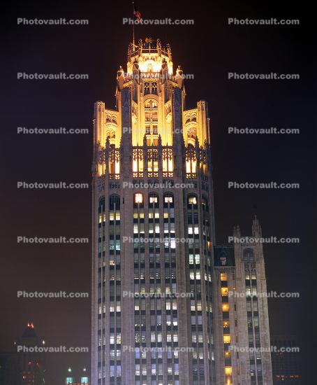 Tribune Tower, highrise, building, neo-gothic, landmark, night, nighttime