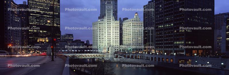 Wrigley Building, Chicago River, Panorama, Twilight, Dusk, Dawn, skyline, cityscape, buildings, skyscrapers