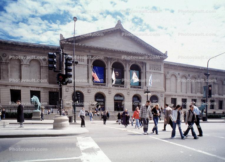 The Art Institute of Chicago, building, crosswalk, flags