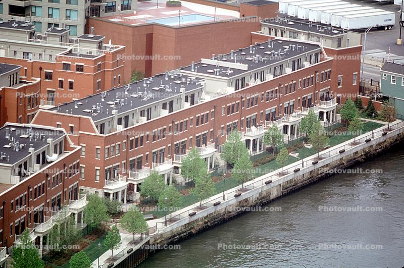 Chicago River, buildings, trees, waterfront