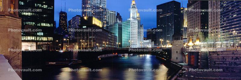 Chicago River, Panorama, Twilight, Dusk, Dawn, buildings, skyscrapers, cityscape, skyline