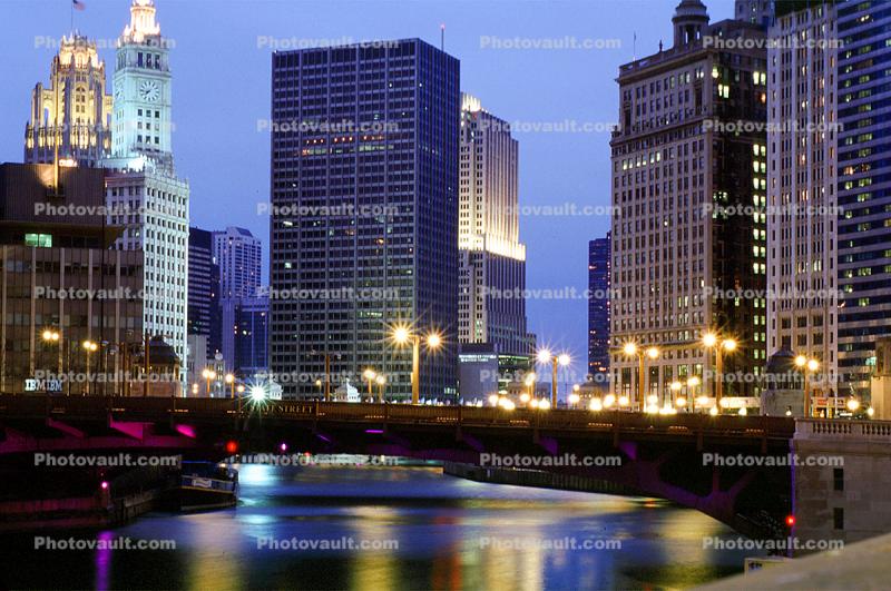 Chicago River, Twilight, Dusk, Dawn, buildings, skyscrapers, cityscape