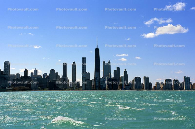 Cityscape, skyline, building, skyscrapers, lake, water, waves, windy, wind, whitecaps