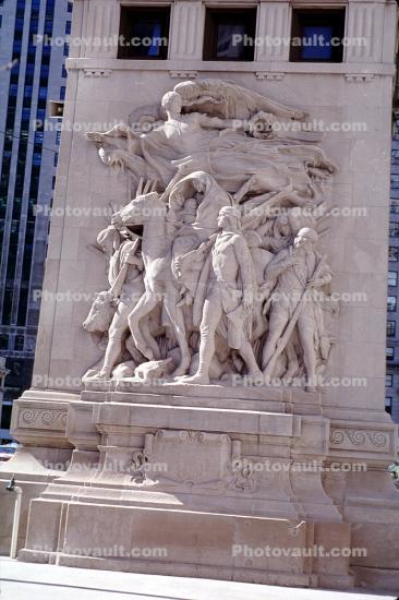 Sculpture, bas-relief, "Defense, Regeneration, The Pioneers, and The Discoverers", statue, statuary, art, artform, Michigan Avenue bridge