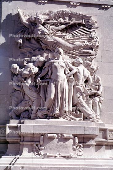 Sculpture, "Defense, Regeneration, The Pioneers, and The Discoverers", statue, statuary, art, artform, bas-relief, Michigan Avenue bridge
