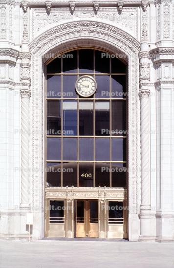Doorway, glass, clock, roman numerals, outdoor clock, outside, exterior, building