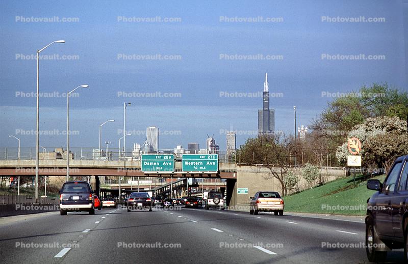 Interstate Highway I-290, expressway, buildings, bridge