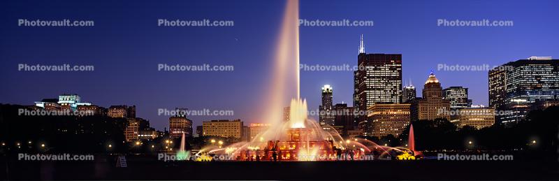 Buckingham Fountain, Panorama, Twilight, Dusk, Dawn, skyline, cityscape, buildings, skyscrapers