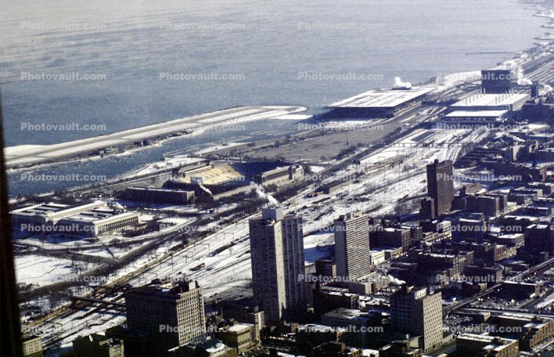 Miegs Field, McCormick Place, Convention Center, Soldier Field, buildings, Lakeshore Drive, snow, ice, cold, 1960s