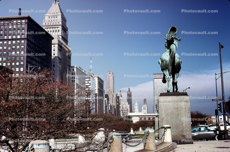 Equestrian Statue, skyline, buildings, sculpture, art, artwork, Michigan Avenue, September 1962, 1960s