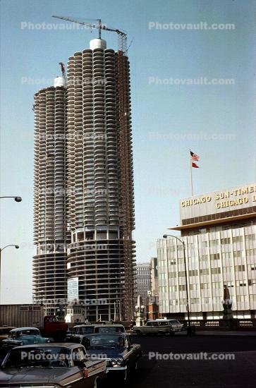Chicago Sun-Times building, Car, Automobile, Vehicle, Marina Towers, Mixed use Residential Towers, skyscraper, building, tower, September 1962, 1960s