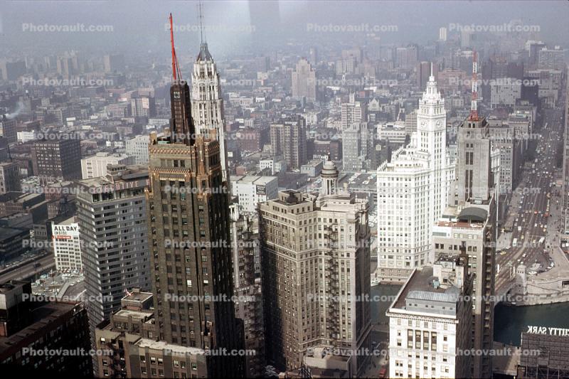 Carbide Carbon Building, Cityscape, Skyline, Wrigely Building, Skyscraper, Downtown, September 1962, 1960s