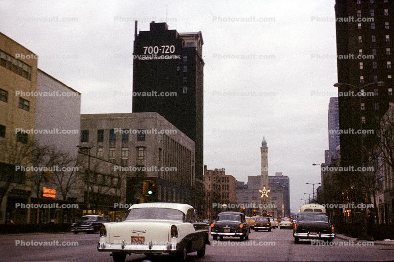 1955 Chevy Bel Air, Michigan Avenue, Miracle Mile, Water Tower, December 1957, 1950s