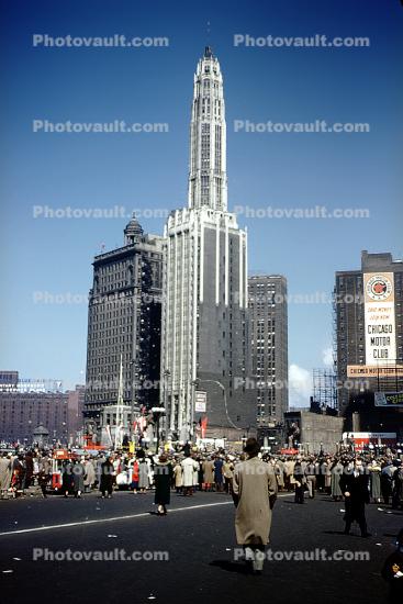 Mather Tower, skyscraper, building, Crowd gathering for General Douglas MacArthur Parade, 1951, 1950s, octagonal tower, highrise