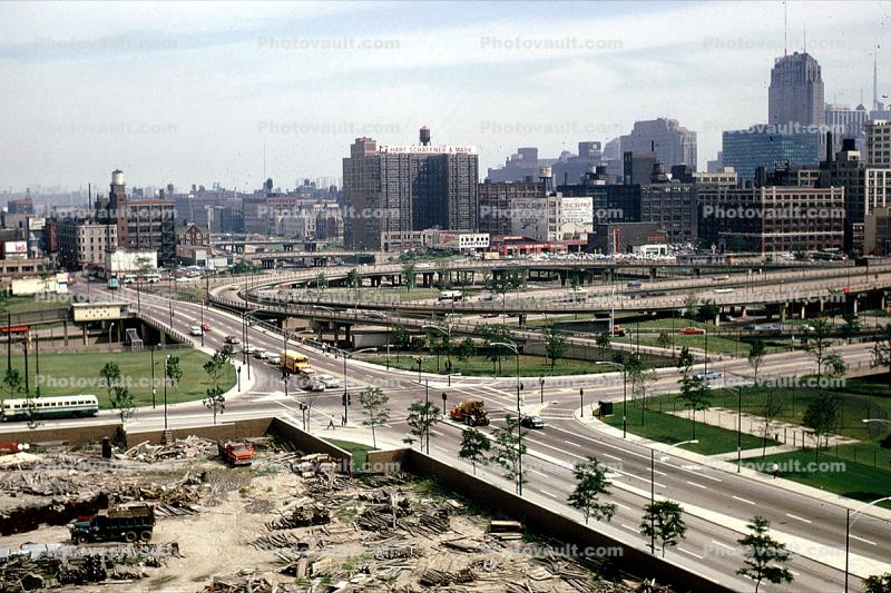 Road, skyline, cars, automobiles, vehicles, 1960s