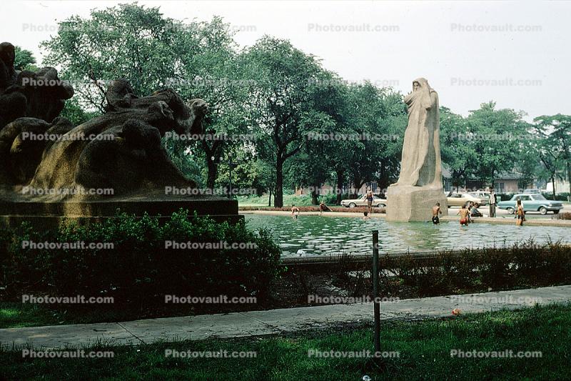 Statue, Park, Fountain of Time, pond, sculpture, Car, Automobile, Vehicle, June 1967, 1960s