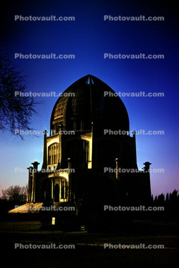 Bahai Temple, landmark building, night, nighttiime, dome, February 1964, 1960s